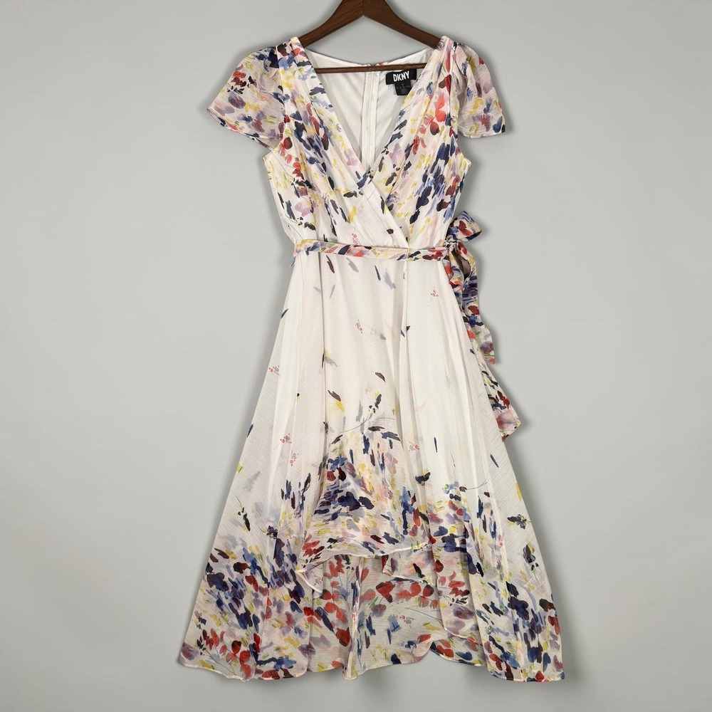 DKNY Womens' Printed Flutter Sleeve Faux Wrap Midi Dress - Print/Ivory/Marine 6 - Picture 3 of 11